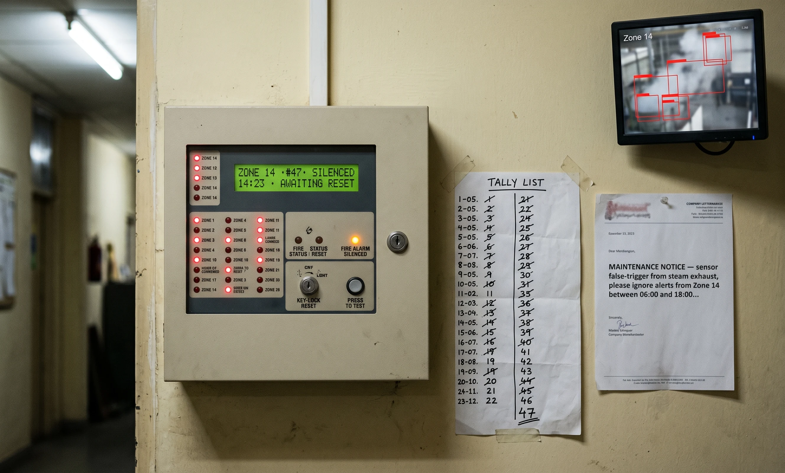 Production floor showing workers ignoring repeated false alarms — alarm fatigue